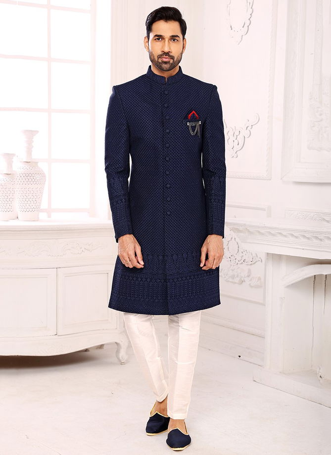 Navy Blue Party Wear Jacquard Nawabi Indo Western Collection 1118